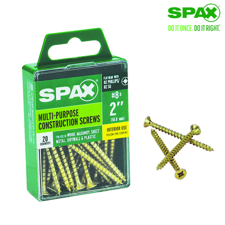 Spax Sheet Metal Screw, #8 x 2 in, Yellow Zinc Plated Flat Head 4101020400502